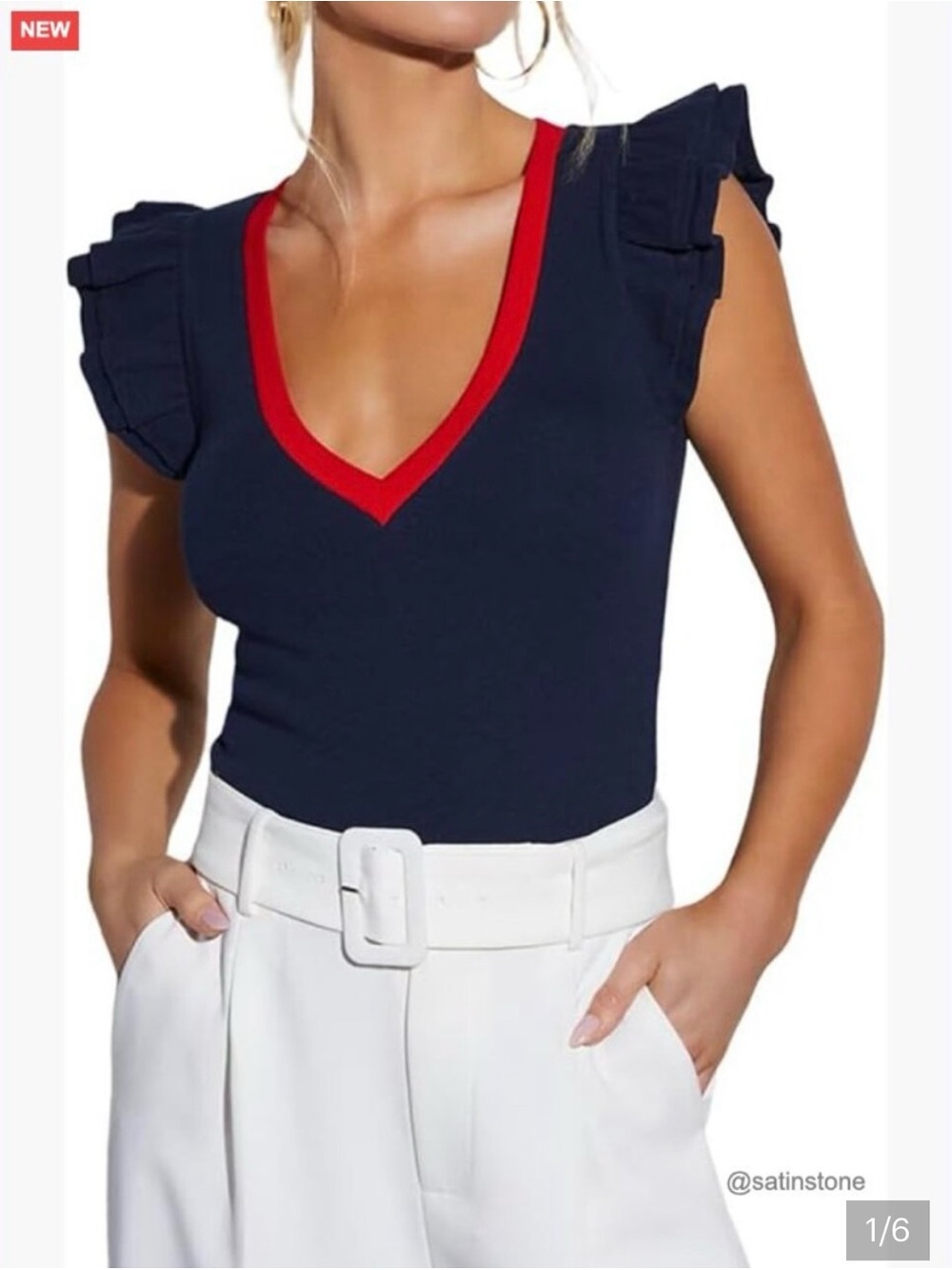Navy V-Neck Ruffle Sleeve Top with Red Trim 4th of July